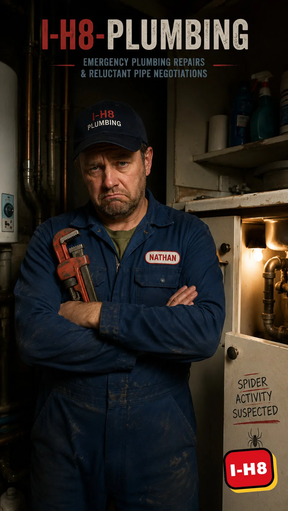 Comedy poster for I-H8-Plumbing showing a reluctant plumber
